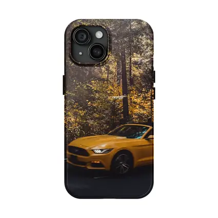Yellow Ford Mustang Convertible Forest Road