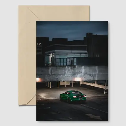 Green Ford Mustang GT Dark Parking Lot