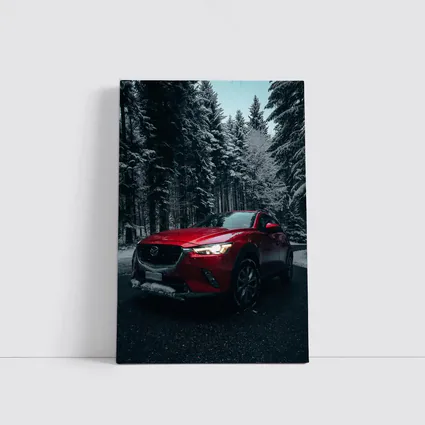 Mazda CX Red SUV Snowy Forest Night