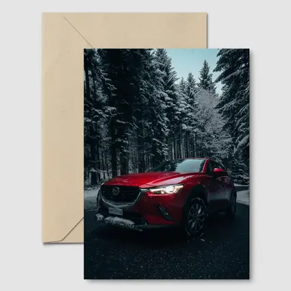 Mazda CX Red SUV Snowy Forest Night