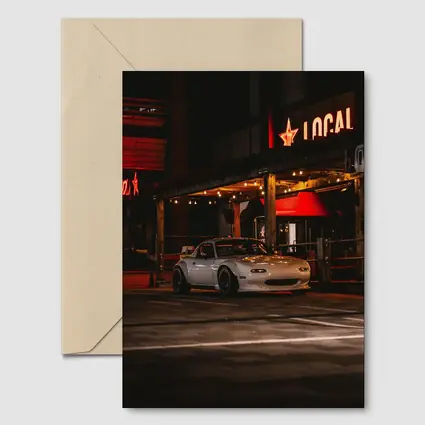 Mazda MX-5 Parked Outside Neon Bar Night