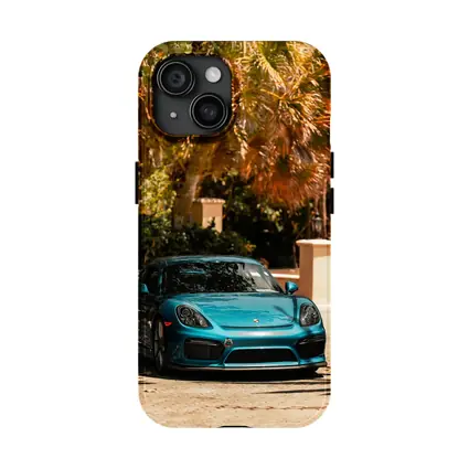 Porsche Cayman GT4 Teal Palm Trees Background
