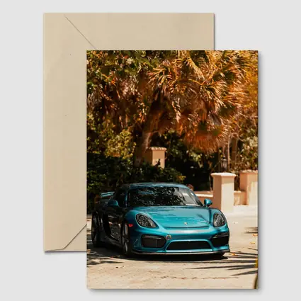 Porsche Cayman GT4 Teal Palm Trees Background