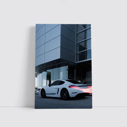 Porsche Cayman White Outside Modern Glass Building