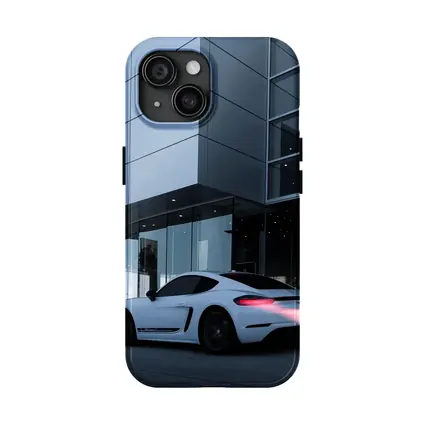 Porsche Cayman White Outside Modern Glass Building