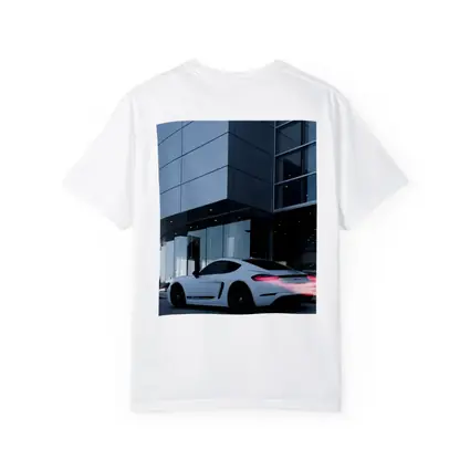 Porsche Cayman White Outside Modern Glass Building