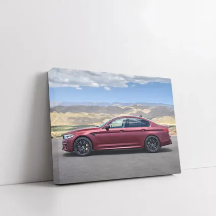 BMW M5 Matte Red Side Profile Mountains