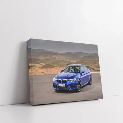 BMW M5 Blue Sedan Desert Mountains Background