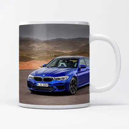 BMW M5 Blue Sedan Desert Mountains Background