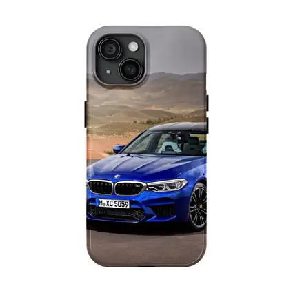 BMW M5 Blue Sedan Desert Mountains Background