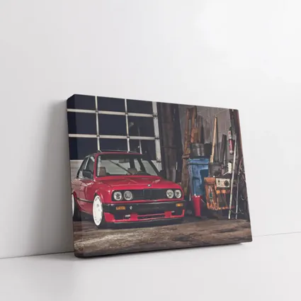 BMW E30 Red Coupe Garage Workshop Scene