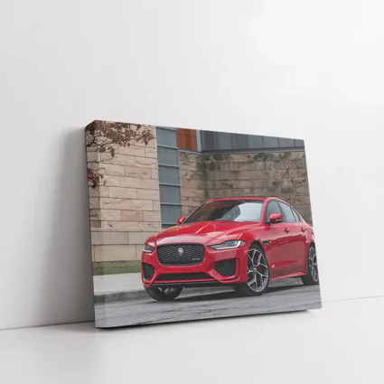 Jaguar XE Red Sedan Urban Building Background