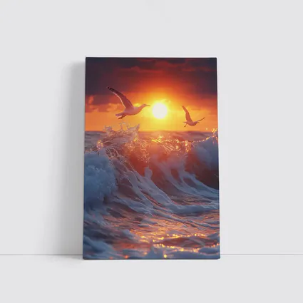 Seagulls Flying Over Ocean Sunset Waves