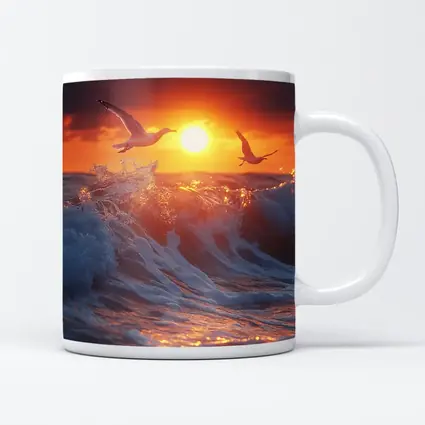 Seagulls Flying Over Ocean Sunset Waves