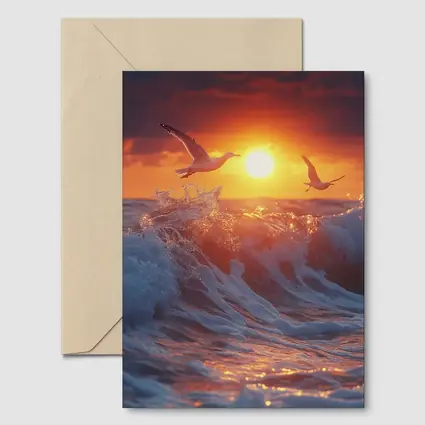Seagulls Flying Over Ocean Sunset Waves
