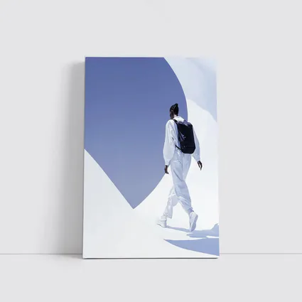 Person White Outfit Black Backpack Blue Sky
