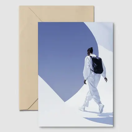 Person White Outfit Black Backpack Blue Sky