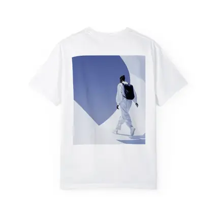 Person White Outfit Black Backpack Blue Sky