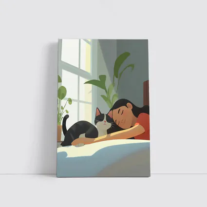 Girl Sleeping With Black Cat Cozy Room