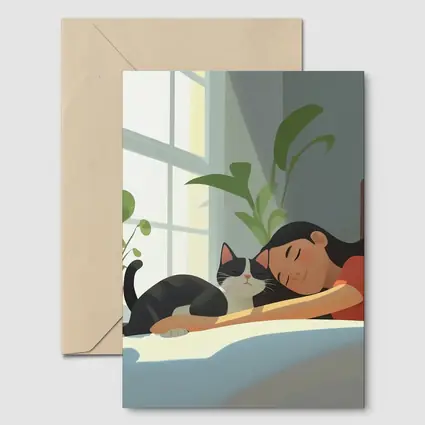 Girl Sleeping With Black Cat Cozy Room