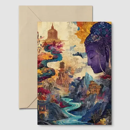 Purple Buddha Colorful Asian Landscape Collage Art