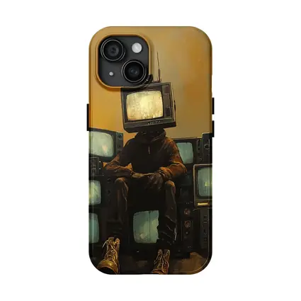 TV Head Figure Sitting On Retro Televisions