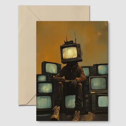TV Head Figure Sitting On Retro Televisions
