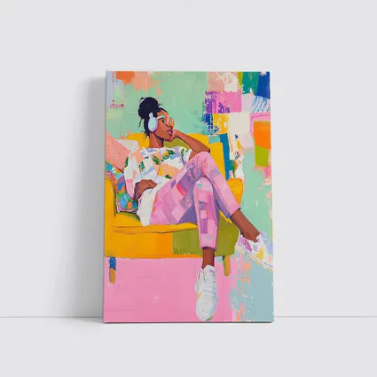 Woman Relaxing on Yellow Sofa Colorful Abstract