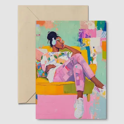 Woman Relaxing on Yellow Sofa Colorful Abstract