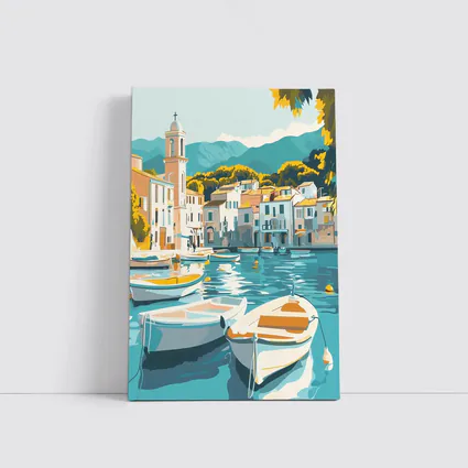 Mediterranean Harbor Town Boats Illustration Art