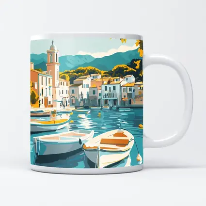 Mediterranean Harbor Town Boats Illustration Art