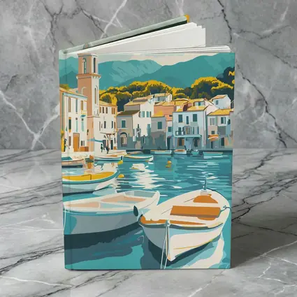 Mediterranean Harbor Town Boats Illustration Art