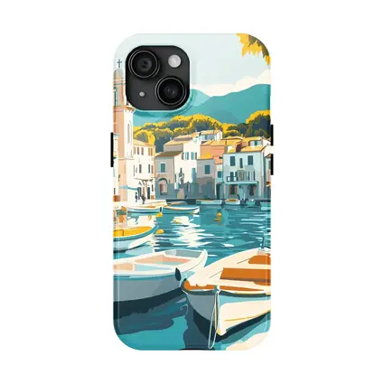 Mediterranean Harbor Town Boats Illustration Art