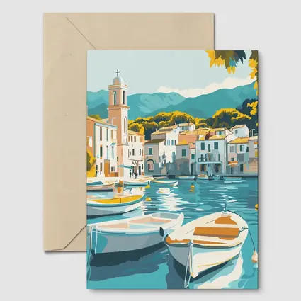 Mediterranean Harbor Town Boats Illustration Art