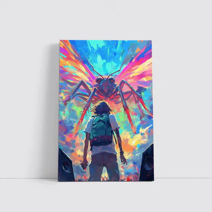 Anime Boy Facing Giant Insect Colorful Art