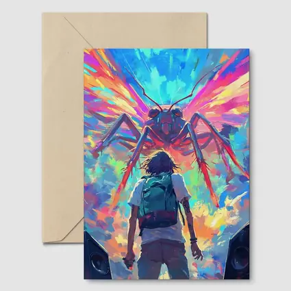 Anime Boy Facing Giant Insect Colorful Art
