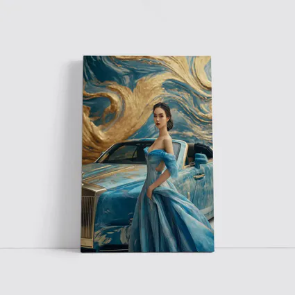 Woman Blue Gown Rolls Royce Gold Swirl