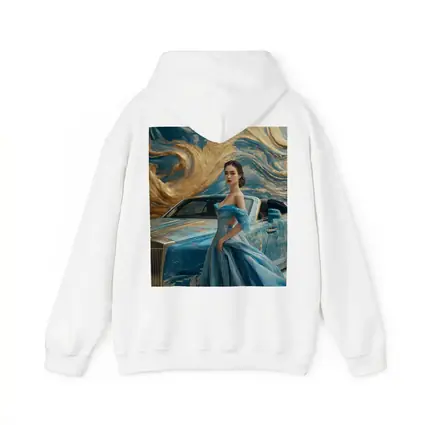 Woman Blue Gown Rolls Royce Gold Swirl