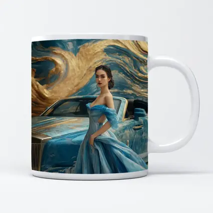 Woman Blue Gown Rolls Royce Gold Swirl