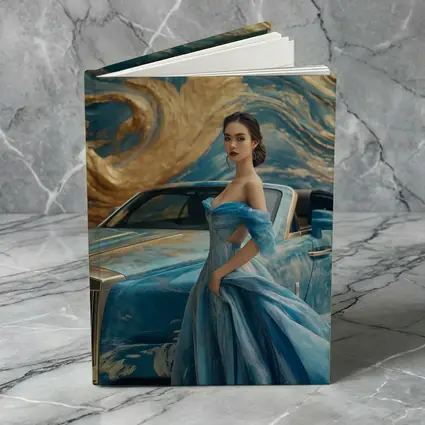 Woman Blue Gown Rolls Royce Gold Swirl