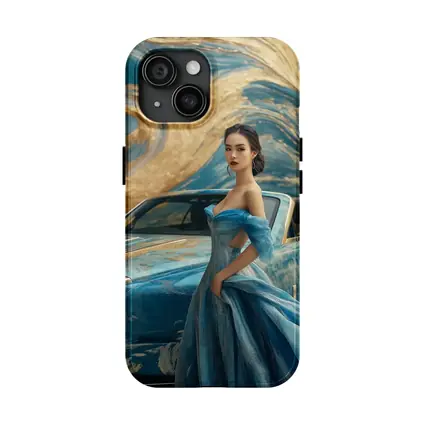 Woman Blue Gown Rolls Royce Gold Swirl