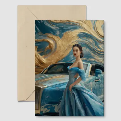 Woman Blue Gown Rolls Royce Gold Swirl