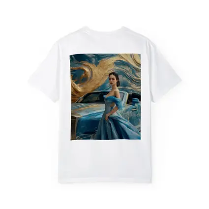 Woman Blue Gown Rolls Royce Gold Swirl