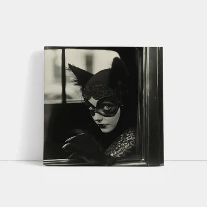 Mysterious Woman Cat Mask Vintage Car