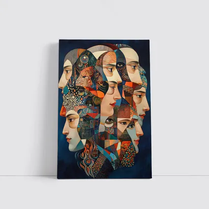 Cubist Women Faces Collage Blue Background