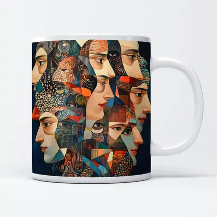 Cubist Women Faces Collage Blue Background