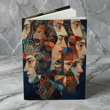 Cubist Women Faces Collage Blue Background