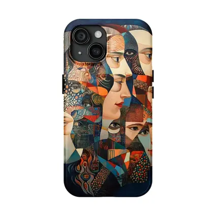 Cubist Women Faces Collage Blue Background