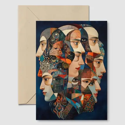 Cubist Women Faces Collage Blue Background