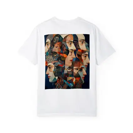 Cubist Women Faces Collage Blue Background